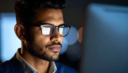 A man wearing glasses concentrating on a monitor in a dark room
