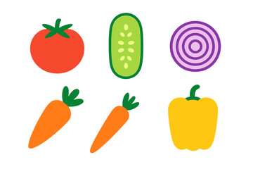 Fresh healthy organic vegetables including tomato, cucumber, onion, carrots, and bell pepper