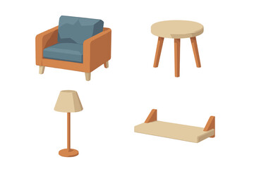 Stylish home decor elements including a comfortable armchair, small side table, elegant floor lamp, and practical wall shelf