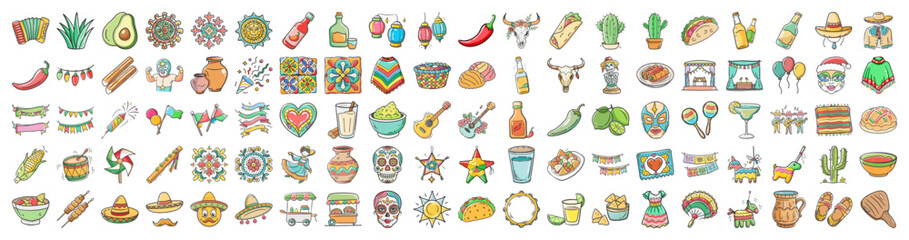 Colorful Mexican culture doodle icon collection - Hand-drawn doodle set featuring Mexican cultural icons, including food, instruments, plants, decorations, and traditional holiday symbols.
