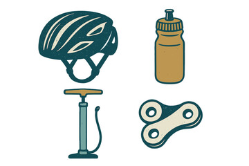 Essential cycling accessories including safety helmet, hydration bottle, tire pump, and bicycle chain part for outdoor activity