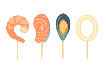 Gourmet seafood appetizers with shrimp, salmon, mussel, and calamari rings served on decorative sticks