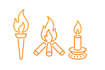 Set of outline icons depicting different sources of light and fire such as a burning torch a cozy campfire and a lit candle