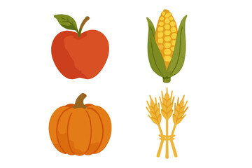 Autumn harvest produce set featuring fresh red apple, golden corn cob, vibrant orange pumpkin, and rustic wheat bundle