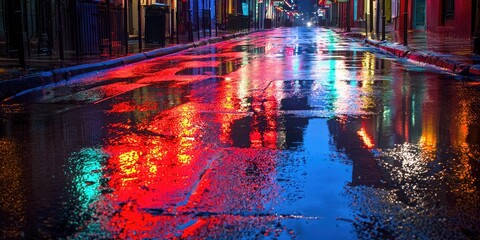 Obraz premium Neon lights reflecting on wet pavement in the French Quarter Stock photo