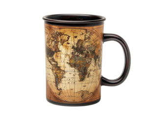 Travel coffee mug with map print isolated on a transparent background
