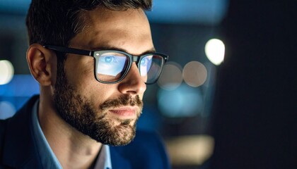 A man wearing glasses concentrating on a monitor in a dark room