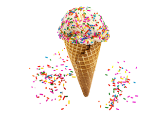 Triple scoop waffle cone ice cream with sprinkles isolated on a transparent background