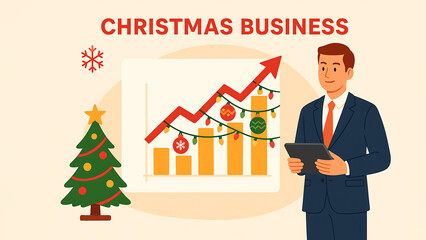 Flat-style digital illustration of a businessman presenting a rising growth chart decorated with Christmas ornaments. Concept of holiday business, corporate success, and festive season growth.