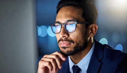 A man wearing glasses concentrating on a monitor in a dark room