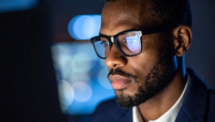 A man wearing glasses concentrating on a monitor in a dark room