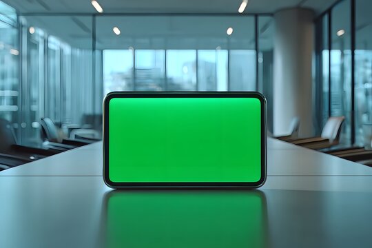 Digital Tablet With Green Screen Display On Desk Inside Modern Corporate Office Meeting Room For Chromakey Editing Technology Background  
