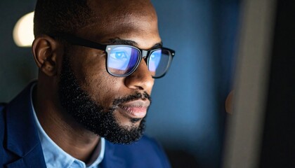 A man wearing glasses concentrating on a monitor in a dark room