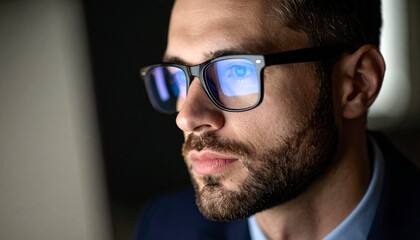 A man wearing glasses concentrating on a monitor in a dark room