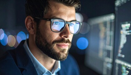 A man wearing glasses concentrating on a monitor in a dark room