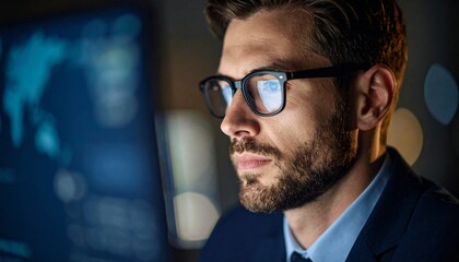 A man wearing glasses concentrating on a monitor in a dark room
