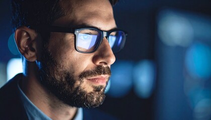 A man wearing glasses concentrating on a monitor in a dark room