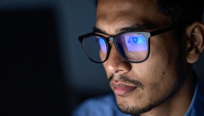 A man wearing glasses concentrating on a monitor in a dark room