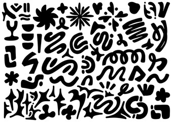 Abstract Doodle Art with Various Bold Black Shapes and Forms on a White Background, Vector Graphics