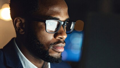 A man wearing glasses concentrating on a monitor in a dark room