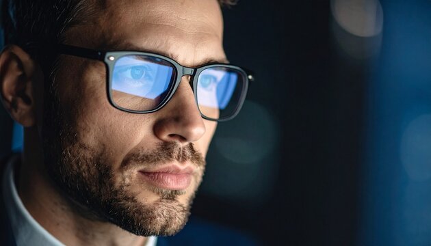 A man wearing glasses concentrating on a monitor in a dark room