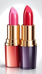 Fototapeta premium Two vibrant lipsticks, pink and red, presented in gold-toned containers