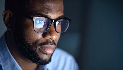 Obraz premium A man wearing glasses concentrating on a monitor in a dark room
