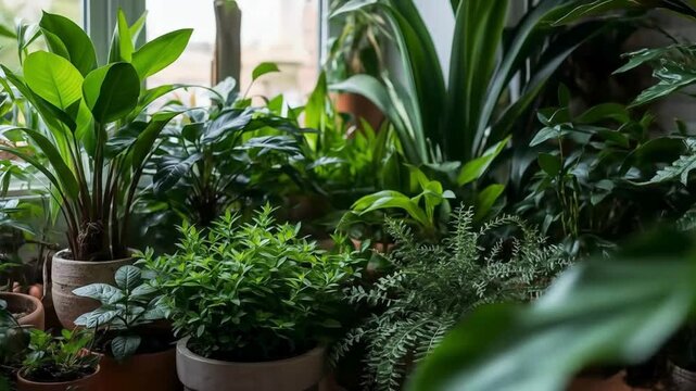 Potted houseplants thriving by the window, perfect for home decor, gardening tips, urban jungles, indoor plant care blogs, plant nurseries.