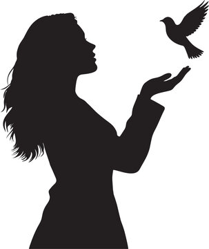 Silhouette of woman with flying bird vector illustration