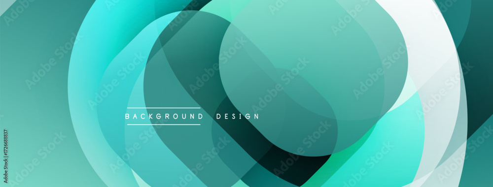 Poster abstract flowing shapes, teal hues dominate. overlapping circles create dynamic visual texture. mode