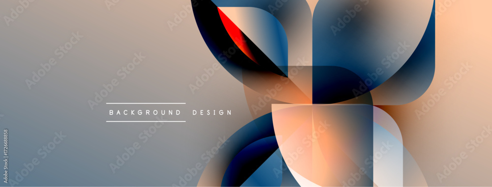 Poster abstract geometric shapes overlap, creating dynamic visual flow. gradient colors blend, forming mode