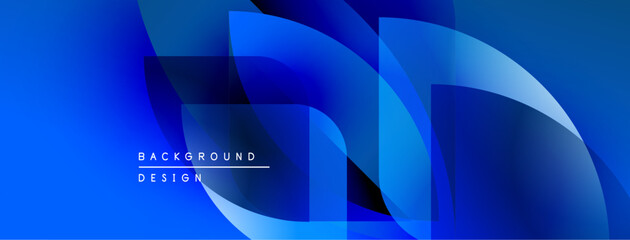 Abstract blue layers create dynamic composition. Smooth gradients, flowing shapes suggest movement, modern design aesthetic.