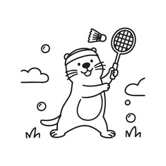  Sporty Otter Otti Playing Badminton Happily With Racket Headband And Shuttlecock Line Art Design. 