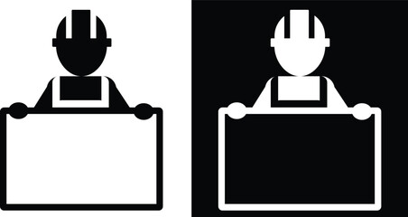 Construction worker holding a blank sign in black and white.