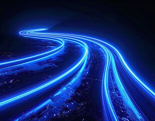 Blue light trails curve over city