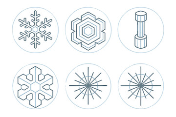 Abstract geometric snowflake and star designs with a distinct cylindrical element in minimalist line art style