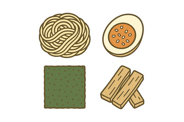 Assortment of popular Asian food elements such as ramen noodles, a halved egg, dried seaweed, and vegetable sticks