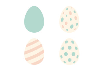 Assortment of pastel colored Easter eggs featuring diverse patterns like polka dots and diagonal stripes