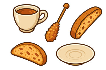 Warm coffee cup with crunchy biscotti cookies, sweet rock candy stick, and saucer, perfect for breakfast or coffee break