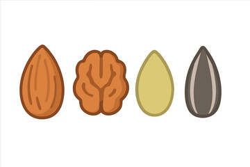 Assortment of healthy nuts and seeds including almond, walnut kernel, shelled and unshelled sunflower seeds