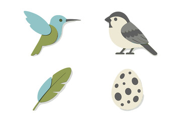 Stylized collection of a hummingbird, small bird, feather, and speckled egg in a clean, modern design with layered elements