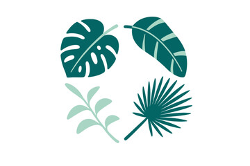 Stylized collection of diverse tropical foliage elements featuring monstera, banana, and palm leaves in vibrant green shades