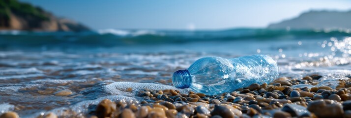 Plastic bottle on rocky beach shoreline with ocean waves and clear blue sky