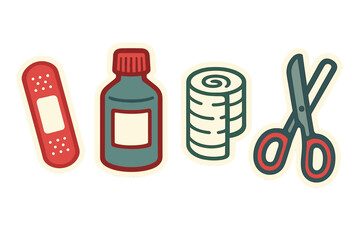 First aid kit essentials including bandage, antiseptic bottle, gauze roll, and scissors for medical care