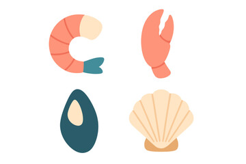 Assortment of fresh seafood items including shrimp, crab claw, mussel, and scallop shell on white background