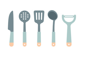 Collection of essential kitchen utensils including knife, slotted spoon, spatula, ladle, and peeler