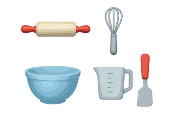 Collection of essential kitchen baking tools including rolling pin whisk mixing bowl measuring cup and spatula