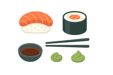 Popular Japanese sushi dishes including nigiri, maki roll, soy sauce, wasabi, and chopsticks