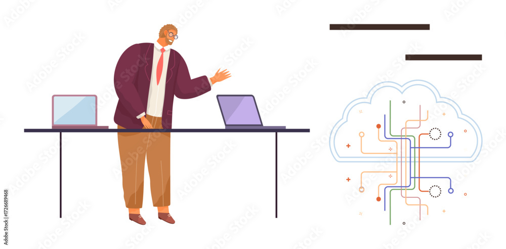 Poster business professional presenting cloud computing with two laptops and a digital cloud circuit. ideal