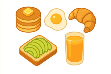 Delicious and healthy breakfast food items including pancakes, fried egg, croissant, avocado toast, and refreshing orange juice